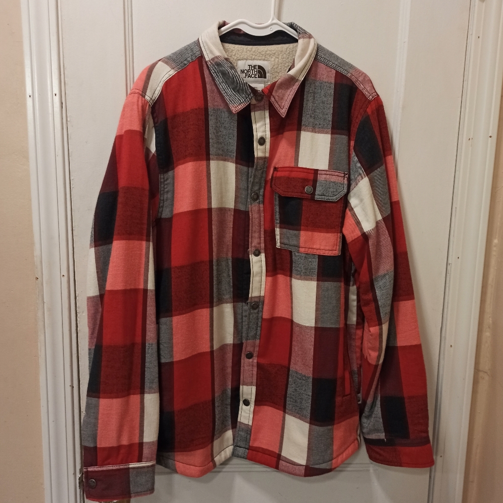 The North Face red Jacket Mens large Plaid Sherpa Fleece Lined Pockets large